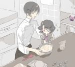  2boys asselin_bb_ii black_hair bowl chef chef_uniform child closed_eyes cookie_cutter double-breasted eyepatch hair_over_one_eye idolmaster idolmaster_side-m kitchen male_focus measuring_cup mixing_bowl mole mole_under_mouth multiple_boys oven red_eyes royu satan_(idolmaster) shinonome_souichirou short_hair sparkle spatula stuffed_toy time_paradox wavy_hair wavy_mouth whisk younger 