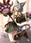  1girl ;d animal_ears belt blush boots claw_(weapon) fangs granblue_fantasy grey_hair highres long_hair looking_at_viewer one_eye_closed open_mouth orange_eyes sen_(granblue_fantasy) skirt smile solo usami_(ym1989) weapon 