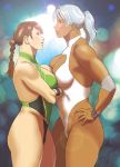  2girls asymmetrical_docking breast_press breasts brown_hair crossed_arms dark_skin earrings hand_on_hip highres jewelry lipstick long_hair makeup multiple_girls muscle nappii_(nappy_happy) ponytail profile smile thick_thighs thighs wrestling wrestling_outfit wristband 