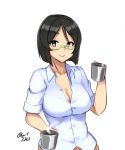  1girl black_hair blouse blue_eyes breasts cleavage coffee_cup collarbone glasses highres kantai_collection kirishima_(kantai_collection) large_breasts looking_at_viewer open_mouth semi-rimless_glasses short_hair signature simple_background smile solo taka_(vert_320) white_blouse 