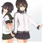  2girls :d :o black_hair blush brown_hair collar cosplay costume_switch fubuki_(kantai_collection) fubuki_(kantai_collection)_(cosplay) gradient gradient_background green_eyes grid_background hayasui_(kantai_collection) hayasui_(kantai_collection)_(cosplay) highres jacket kantai_collection long_sleeves look-alike low_ponytail miniskirt multiple_girls myuto_(advent_retribution) neckerchief open_mouth pleated_skirt ponytail remodel_(kantai_collection) sailor_collar school_uniform serafuku shirt short_hair sidelocks skirt smile track_jacket upper_body v violet_eyes zipper 