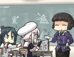  3girls anger_vein black_hair blue_eyes book cellophane_noodles cellphone chalk chalkboard commentary dated desk eating elbow_gloves flying_sweatdrops gloves hair_ornament hair_ribbon hairclip hamu_koutarou harusame_(kantai_collection) hat iguchi_yuka isuzu_(kantai_collection) kanemoto_hisako kantai_collection long_hair multiple_girls myoukou_(kantai_collection) pencil_skirt phone pink_hair ribbon school_desk school_uniform seiyuu_connection serafuku short_hair side_ponytail skirt smartphone translated twintails white_gloves 