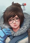  1girl artist_name black-framed_eyewear blue_background breath brown_eyes brown_hair clenched_hand coat eyelashes fur-trimmed_coat fur_trim glasses gloves hair_bun hair_ornament hair_stick kon-h_(patata) lips looking_at_viewer mei_(overwatch) nose overwatch short_hair signature solo upper_body 