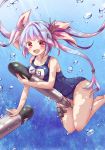  1girl ass_visible_through_thighs bangs bare_arms bare_legs bare_shoulders barefoot blush breasts collarbone emilion eyebrows eyebrows_visible_through_hair fang full_body gradient_hair holding holding_torpedo i-19_(kantai_collection) kantai_collection large_breasts light_rays long_hair looking_at_viewer multicolored_hair name_tag open_mouth pink_eyes pink_ribbon ribbon school_swimsuit sleeveless smile solo swimsuit thigh_gap torpedo tri_tails two-tone_hair underwater 