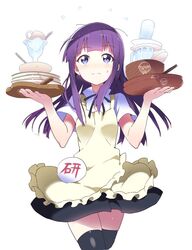  1girl 3: apron balancing black_legwear black_ribbon black_skirt blush bowl cowboy_shot flying_sweatdrops glass long_hair neck_ribbon plate purple_hair rassie_s ribbon shirt short_sleeves simple_background skirt solo sweatdrop thigh-highs violet_eyes waitress white_background white_shirt working!! yamada_aoi 
