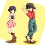  1boy 1girl arms_behind_head black_hair brown_eyes crossed_legs dress glaring koh_(oab71kq3) p-chan pig pink_dress ranma_1/2 saotome_ranma shadow short_hair socks tendou_akane 