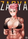  1girl abs arm_behind_back bikini black_bikini blush breasts character_name front-tie_bikini front-tie_top green_eyes kannovaku large_breasts muscle muscular_female navel overwatch pink_hair scar short_hair solo swimsuit tattoo under_boob very_short_hair zarya_(overwatch) 