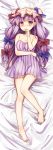  1girl bangs bare_shoulders blue_bow blunt_bangs blush bow crescent crescent_hair_ornament dress full_body hair_bow hair_ornament hat long_hair long_sleeves looking_at_viewer lying mob_cap on_back patchouli_knowledge purple_dress purple_hair red_bow solo strapless strapless_dress striped striped_dress thigh-highs thighhighs_pull touhou ukita_uuko violet_eyes white_legwear 