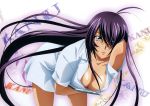  1girl absurdres black_hair breasts character_name cleavage collarbone grey_eyes hair_over_one_eye hand_in_hair highres ikkitousen kan&#039;u_unchou large_breasts long_hair looking_at_viewer rin-sin shirt solo white_shirt 