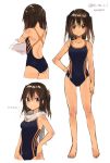  1girl 2016 arm_at_side artist_name ass bare_arms bare_legs bare_shoulders barefoot blush brown_eyes brown_hair closed_mouth collarbone competition_swimsuit cropped_legs dark_skin dated from_behind full_body hand_on_hip kantai_collection ko_ru_ri multiple_views one-piece_swimsuit scarf sendai_(kantai_collection) shirt shirt_removed short_hair short_twintails simple_background smile standing strap_cleavage swimsuit tan thighs twintails twitter_username undressing white_background white_scarf white_shirt 