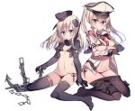  2girls anchor bikini black_bikini blonde_hair blue_eyes breasts capelet cropped_jacket garrison_cap gloves graf_zeppelin_(kantai_collection) hat kantai_collection kureaki_(exit) large_breasts long_hair long_sleeves looking_at_viewer military military_uniform multiple_girls pantyhose pantyhose_pull peaked_cap puffy_long_sleeves puffy_sleeves simple_background swimsuit swimsuit_under_clothes thigh-highs twintails u-511_(kantai_collection) uniform 