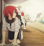  &gt;_&lt; 3boys barefoot bucket casual cleaning closed_eyes freckles gokotai gotou_toushirou green_eyes hair_over_one_eye highres kneeling looking_at_another male_focus multiple_boys orange_hair redhead shinano_toushirou shorts sweatdrop touken_ranbu tripping white_hair yuzudaze 