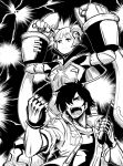  1boy 1girl android bangs fingerless_gloves flexing gloves granblue_fantasy hair_over_one_eye highres jacket kanno_takanori long_hair monochrome pose robomi_(granblue_fantasy) shirou_(granblue_fantasy) simple_background twintails walkie-talkie white_background 