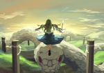  1girl berabou blue_skirt clouds cloudy_sky detached_sleeves from_behind full_body giant_snake green_hair japanese_clothes kochiya_sanae long_hair miko onbashira oonusa outstretched_arms skirt sky snake solo spread_arms touhou wide_sleeves 