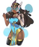  1girl absurdres black_hair black_legwear blue_dress blue_nails breasts cyborg dark_skin dress forehead_jewel headgear highres lips long_hair mechanical_arm medium_breasts nail_polish overwatch signature solo symmetra_(overwatch) teasugarr thigh-highs transparent_background visor 