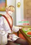  1boy blonde_hair chair character_name chawa_(sawa) cup dated fire_emblem fire_emblem_if food happy_birthday lamp leon_(fire_emblem_if) male_focus open_mouth red_eyes sitting solo table teacup teeth 