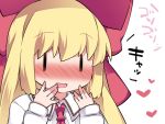 1girl \||/ blonde_hair blush close-up commentary doll eyebrows eyebrows_visible_through_hair hair_ribbon hammer_(sunset_beach) hands_on_own_face heart looking_at_viewer necktie open_mouth portrait red_necktie ribbon shanghai_doll simple_background solo touhou translated |_| 