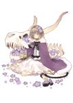  1girl bone branch brown_hair cape chain cuffs elbow_gloves flower fur_trim gloves hair_flower hair_ornament hairband holding original pink_eyes purple_cape purple_shoes shackles shirt shoes shoes_removed simple_background sitting skeleton skirt solo tozaki_makoto white_background white_gloves white_shirt white_skirt 