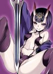  1girl bob_cut breasts clenched_teeth eitarou2828 eyebrows eyebrows_visible_through_hair fate/grand_order fate_(series) horns japanese_clothes kimono looking_at_viewer navel oni_horns pale_skin purple_background purple_hair short_hair shuten_douji_(fate/grand_order) smile solo sword teeth thigh-highs violet_eyes weapon 
