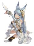  1girl animal_ears asymmetrical_clothes asymmetrical_legwear bangs black_legwear blue_eyes blunt_bangs blush breasts cat_ears dress elbow_gloves erun_(granblue_fantasy) from_above gloves granblue_fantasy grin hair_ornament holding jewelry korwa long_hair p-rus quill showgirl_skirt silver_hair simple_background sitting skindentation smile solo thigh-highs white_background white_gloves white_legwear 