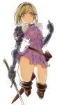  1girl blonde_hair bow brown_legwear cropped_legs djeeta_(granblue_fantasy) dress fighter_(granblue_fantasy) gauntlets granblue_fantasy hair_intakes hairband holding holding_sword holding_weapon looking_at_viewer orange_eyes over-kneehighs p-rus pink_bow pink_dress sheath short_dress short_hair shoulder_pads simple_background solo sword thigh-highs weapon white_background 