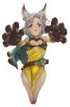  1girl animal_ears belt breasts cat_ears cat_paws cleavage dark_skin dress erun_(granblue_fantasy) flower gloves granblue_fantasy green_eyes grey_hair hair_flower hair_ornament highres looking_at_viewer melleau open_mouth outstretched_arms p-rus paw_gloves paws short_dress short_hair side_slit simple_background solo white_background 