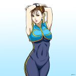  1girl armpits arms_up artist_name bracelet brown_eyes brown_hair chinese_clothes chris_re5 chun-li covered_navel double_bun hair_ribbon highres jewelry lipstick makeup pink_lipstick ribbon signature solo street_fighter 