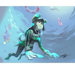  1girl 2016 air_bubble asui_tsuyu bangs belt black_eyes black_hair blurry blush_stickers bodysuit boku_no_hero_academia bracer breasts crossover dated depth_of_field ege_(597100016) eyelashes freediving from_below full_body gloves glowing goggles goggles_on_head hair_between_eyes hair_rings holding_breath lanturn letterboxed lifebuoy long_hair long_sleeves looking_away low-tied_long_hair luvdisc medium_breasts ocean outstretched_arms pokemon pokemon_(creature) pokemon_(game) signature submerged underwater water wetsuit white_gloves 