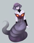  1girl arbok arm_warmers bare_shoulders breasts cleavage drawfag full_body grey_background hair_ornament lamia looking_at_viewer monster_girl navel open_mouth personification pokemon purple_hair purple_skin short_hair solo yellow_eyes 