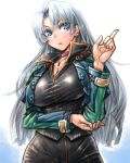  1girl amania_orz blue_eyes breasts calvina_coulange choker cleavage jacket jewelry long_hair necklace silver_hair solo super_robot_wars super_robot_wars_judgement 