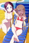  2girls ;d absurdres barefoot bikini blonde_hair blue_eyes breast_cutout breasts chair feet highres long_hair lounge_chair medium_breasts multiple_girls navel new_game! official_art one_eye_closed open_mouth outdoors pool purple_hair red_bikini red_swimsuit short_hair sitting smile swimsuit tile_floor tiles tooyama_rin v violet_eyes water white_bikini white_swimsuit yagami_kou 