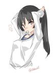  /\/\/\ 1girl adjusting_hair arms_behind_head arms_up bangs black_hair blush breasts brown_eyes closed_mouth collarbone ebifurya eyebrows eyebrows_visible_through_hair highres isokaze_(kantai_collection) kantai_collection long_hair long_sleeves looking_at_viewer medium_breasts mouth_hold ponytail simple_background solo twitter_username tying_hair upper_body white_background 