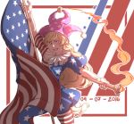  1girl american_flag american_flag_dress american_flag_legwear blonde_hair clownpiece commentary dated dress fire fourth_of_july hat jester_cap long_hair looking_at_viewer mefomefo neck_ruff outstretched_arms pantyhose pink_eyes polka_dot short_dress short_sleeves smile solo star striped teeth torch touhou very_long_hair 