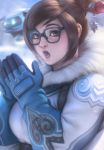  1girl breath brown_hair fur_coat glasses hair_ornament hairpin highres looking_at_viewer mei_(overwatch) open_mouth overwatch solo stanley_lau 