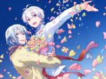  2boys asahikawa_hiyori blue_background gradient gradient_background idolish_7 long_hair looking_at_viewer male_focus multiple_boys osaka_sougo outstretched_arm waist_hold white_hair yotsuba_tamaki 