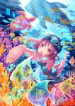  1girl angelfish barefoot bubble coral coral_reef freediving goggles goggles_on_head highres original pink_eyes pink_hair short_hair smile solo stingray suishougensou swim_cap swimming swimsuit turtle underwater whale_shark 