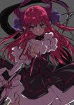  1girl absurdres blue_eyes dragon_horns dragon_tail fate/extra fate/extra_ccc fate/grand_order fate_(series) grey_background highres holding holding_weapon horns lancer_(fate/extra_ccc) long_fingers long_hair looking_at_viewer pink_hair pointy_ears polearm simple_background smile solo spear tail wachiroku_(masakiegawa86) weapon 