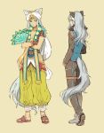  2boys boots diras fan folding_fan full_body leon_(rune_factory) male_focus multiple_boys peacock_feathers rune_factory rune_factory_4 sandals yuzudaze 