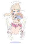  1girl :3 alice_(grimms_notes) angel_wings birthday blade_(galaxist) blonde_hair blue_eyes blush braid character_doll cheerleader commentary_request floating grimms_notes halo liliana_hart long_hair open_mouth pleated_skirt pointy_ears ponytail pop-up_story skirt smile solo wings 