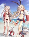  2girls ;d amatsukaze_(kantai_collection) anchor anchor_hair_ornament ball barefoot beach beachball bikini black_bikini black_eyes blonde_hair blush breasts brown_eyes choker clouds commentary_request hair_ornament hair_ribbon hairband highleg highleg_bikini highres jacket kantai_collection lifebuoy long_hair looking_at_viewer multiple_girls navel ocean one_eye_closed open_clothes open_jacket open_mouth outdoors rensouhou-chan rensouhou-kun ribbon sailor_collar sand shimakaze_(kantai_collection) silver_hair sky small_breasts smile snorkle swimsuit takanashie thigh_strap two_side_up water white_bikini 