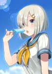  1girl arched_back blue_eyes blue_sky blush breasts buttons food hair_ornament hair_over_one_eye hairclip hamakaze_(kantai_collection) ice_cream kantai_collection large_breasts looking_at_viewer melting no_gloves popsicle school_uniform serafuku shigure_ui short_hair short_sleeves silver_hair sky solo sweat upper_body 