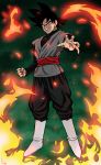  1boy black_eyes black_hair boots chris_re5 clenched_hand dragon_ball dragon_ball_super earrings evil_grin evil_smile fire full_body gokuu_black grin highres jewelry male_focus signature smile solo turtleneck white_boots 