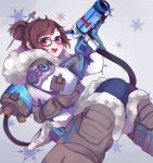  1girl beads belt belt_pouch black-framed_eyewear blue_gloves blue_legwear boots brown_eyes brown_hair canister coat fur-lined_boots fur_boots fur_coat fur_trim glasses gloves gun hair_bun hair_ornament hair_stick highres holding holding_weapon hose kiri_itoguchi mei_(overwatch) open_mouth overwatch parka short_hair smile snowflake_print solo utility_belt weapon winter_clothes winter_coat 