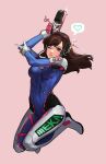  1girl bangs bodysuit breasts brown_eyes brown_hair charm_(object) d.va_(overwatch) facial_mark finger_on_trigger full_body gloves gun handgun headphones heart highres long_hair looking_at_viewer m.hyang medium_breasts one_eye_closed overwatch parted_lips pilot_suit pink_background pistol pixel_heart simple_background solo sparkle spoken_heart swept_bangs twitter_username weapon whisker_markings white_gloves 