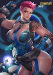  1girl adapted_costume biceps citemer flexing looking_at_viewer muscle overwatch pink_hair pose scar smile solo tattoo zarya_(overwatch) 