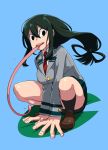  1girl :d asui_tsuyu big_hands black_legwear blazer blue_background blush boku_no_hero_academia breasts brown_eyes brown_shoes caffein collared_shirt fingernails floating_hair full_body green_eyes green_hair green_skirt grey_jacket hair_between_eyes jacket kneehighs large_breasts lily_pad loafers long_hair long_sleeves long_tongue looking_at_viewer necktie open_mouth pleated_skirt red_necktie round_teeth shirt shoes simple_background skirt smile solo squatting teeth tongue tongue_out very_long_tongue white_shirt wing_collar 
