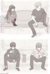  4boys brown_hair copyright_request eating glasses jacket kara_no_kyoukai kokutou_mikiya long_hair multiple_boys otoko_no_ko shirazumi_lio shirazumi_lio_(young) short_hair sitting tetsumaki turtleneck 