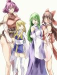 4girls bare_shoulders blush bottomless bow breast_press breast_rest breasts brown_eyes brown_hair detached_sleeves fang green_eyes green_hair hair_bow hair_tubes hakurei_reimu hat holding kochiya_sanae large_breasts long_hair long_skirt moriya_suwako multiple_girls no_hat open_mouth purple_hair red_eyes short_hair sidelocks skirt smile symmetrical_docking touhou wide_sleeves yasaka_kanako yellow_eyes yohane