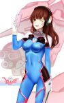  1girl ;d bangs bodysuit breasts brown_eyes brown_hair cellphone character_name chu_(huaha1320) copyright_name covered_navel cowboy_shot d.va_(overwatch) facial_mark gloves headphones highres long_hair looking_at_viewer mecha medium_breasts meka_(overwatch) open_mouth overwatch phone pilot_suit self_shot smartphone smile solo swept_bangs whisker_markings white_background white_gloves wink 