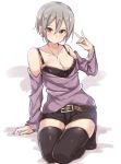  1girl black_eyes breasts cleavage grey_hair idolmaster idolmaster_cinderella_girls jewelry jiino looking_at_viewer necklace shiomi_shuuko short_hair smile solo thigh-highs zettai_ryouiki 